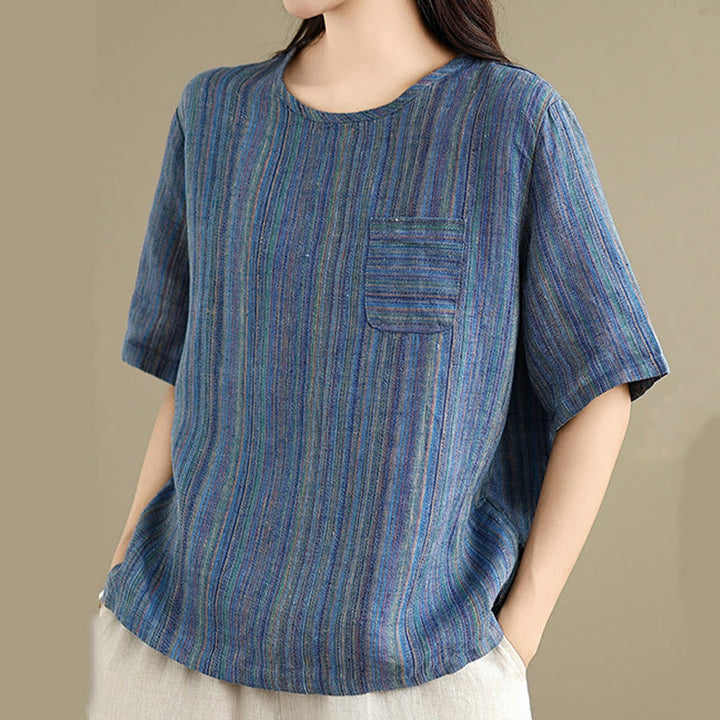 Buddha Stones Casual Retro Striped Women's Half Sleeve Cotton Linen T-shirt - image 2