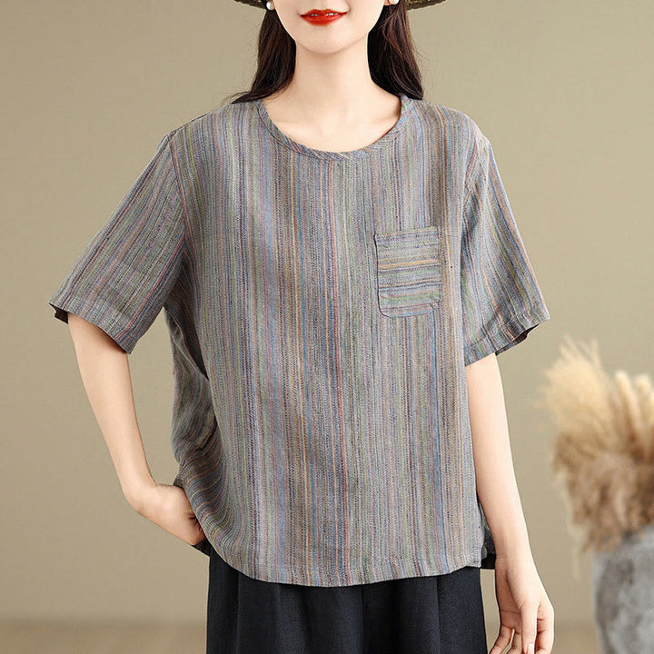 Buddha Stones Casual Retro Striped Women's Half Sleeve Cotton Linen T-shirt - image 12