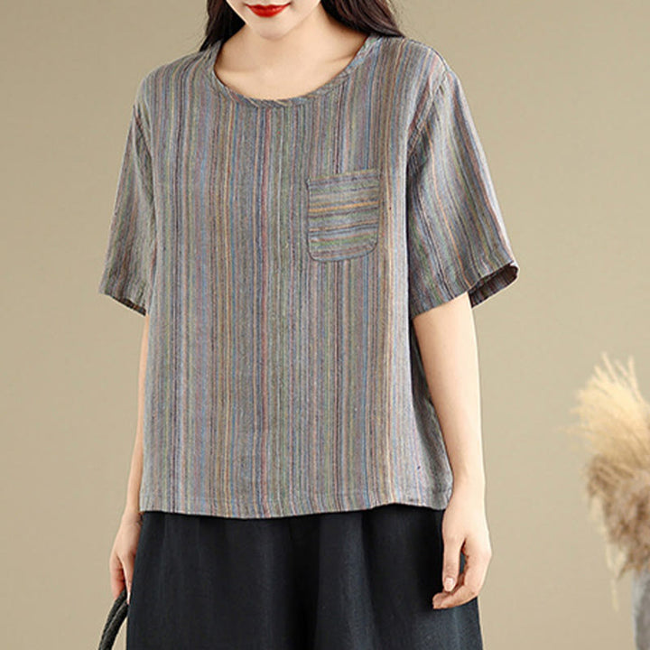 Buddha Stones Casual Retro Striped Women's Half Sleeve Cotton Linen T-shirt - image 13