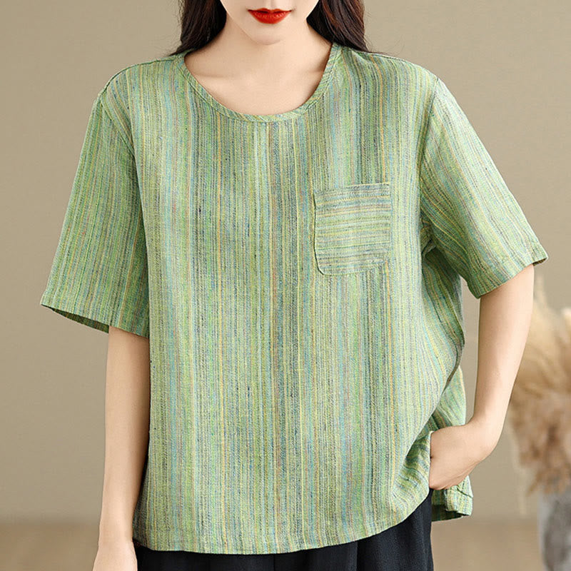 Buddha Stones Casual Retro Striped Women's Half Sleeve Cotton Linen T-shirt - image 19