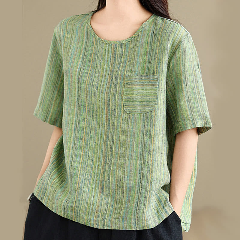 Buddha Stones Casual Retro Striped Women's Half Sleeve Cotton Linen T-shirt - image 17