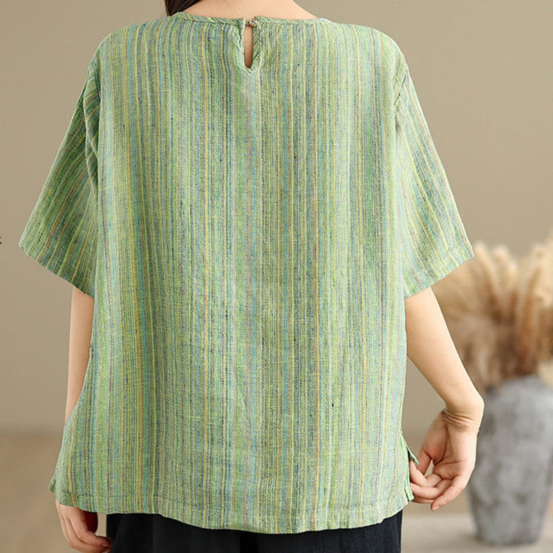 Buddha Stones Casual Retro Striped Women's Half Sleeve Cotton Linen T-shirt - image 21