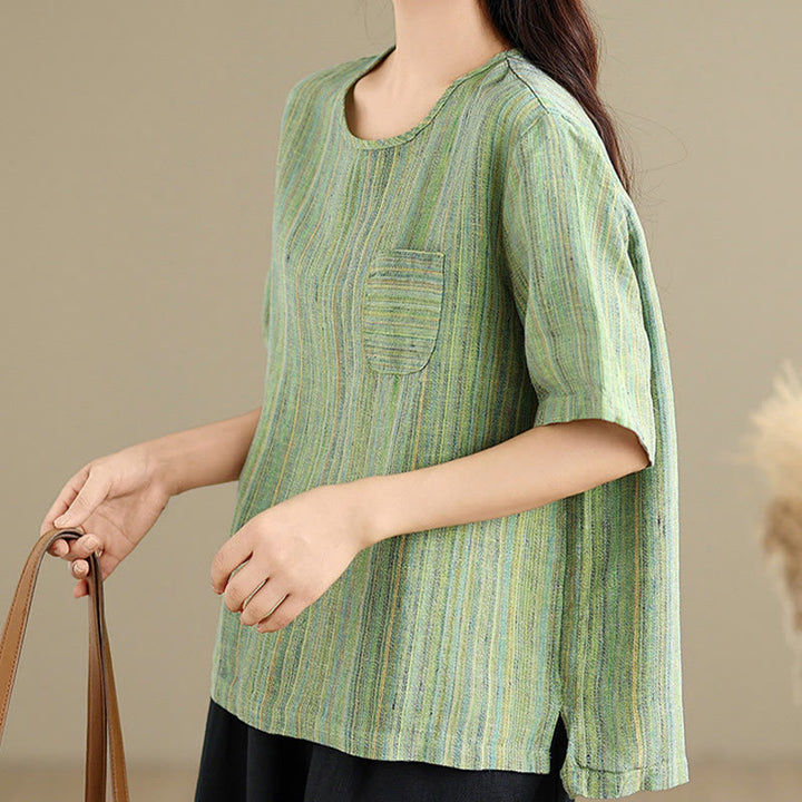 Buddha Stones Casual Retro Striped Women's Half Sleeve Cotton Linen T-shirt - image 20