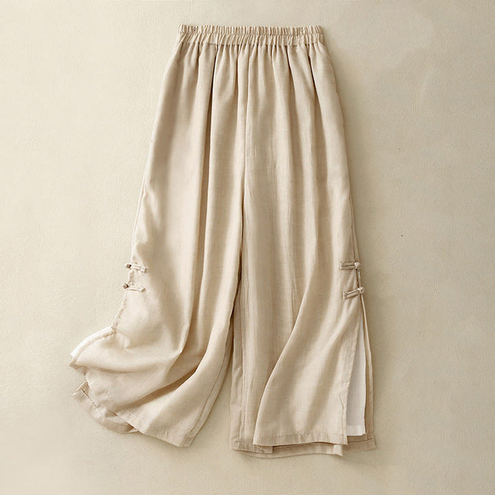 Buddha Stones Frog-Button Hem Slit Design Women's Wide Leg Cotton Linen Pants With Pockets - Beige - US8-10，UK/AU12-14，EU40-42 (2XL) - image 0