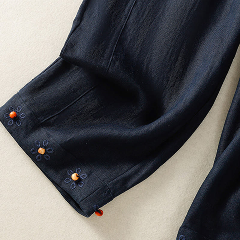 Buddha Stones Casual Embroided Bead Drawstring Women's Wide Leg Cotton Pants With Pockets - image 4