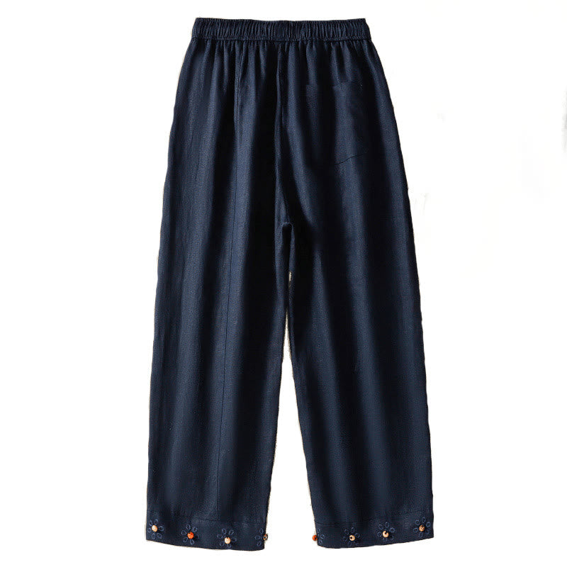 Buddha Stones Casual Embroided Bead Drawstring Women's Wide Leg Cotton Pants With Pockets - image 5