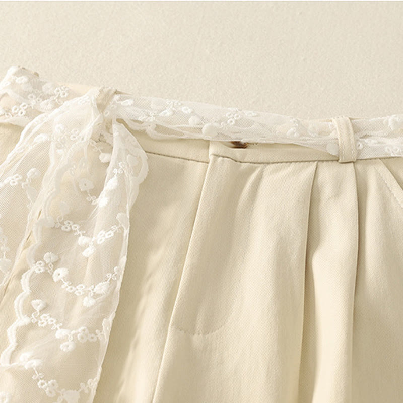 Buddha Stones Daily Solid Color Lace Belt Women's Wide Leg Cotton Pants With Pockets - image 1