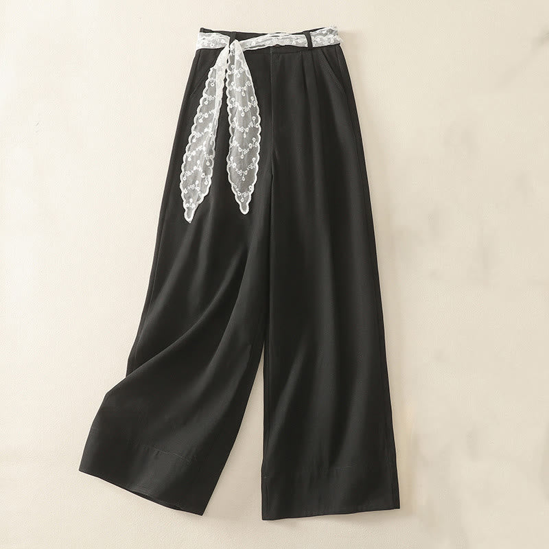 Buddha Stones Daily Solid Color Lace Belt Women's Wide Leg Cotton Pants With Pockets - Black - US8-10，UK/AU12-14，EU40-42 (2XL) - image 17