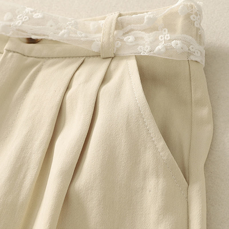 Buddha Stones Daily Solid Color Lace Belt Women's Wide Leg Cotton Pants With Pockets - image 3