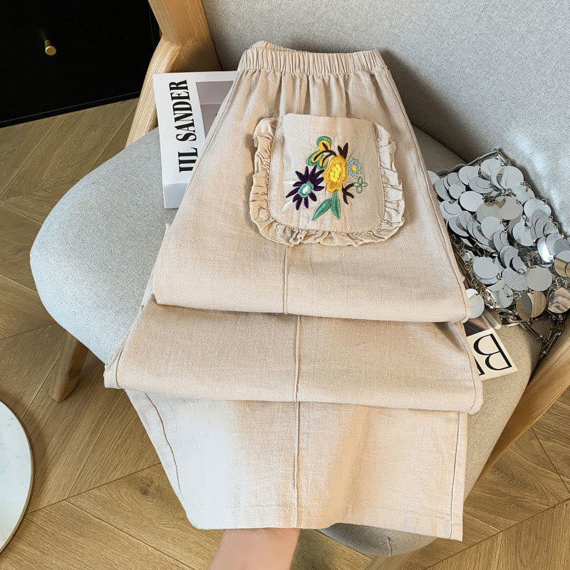 Buddha Stones Casual Beige Embroidery Women's Wide Leg Cotton Linen Pants With Pockets - image 3