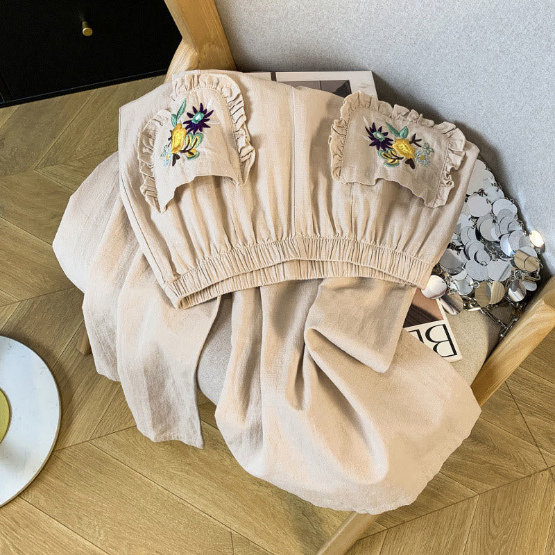 Buddha Stones Casual Beige Embroidery Women's Wide Leg Cotton Linen Pants With Pockets - image 2