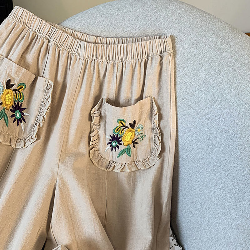 Buddha Stones Casual Beige Embroidery Women's Wide Leg Cotton Linen Pants With Pockets - image 5