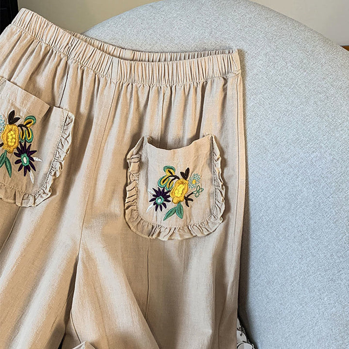 Buddha Stones Casual Beige Embroidery Women's Wide Leg Cotton Linen Pants With Pockets - image 5