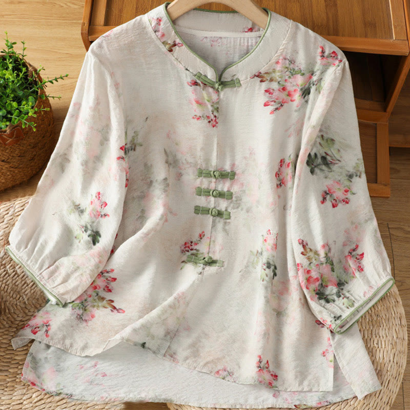 Buddha Stones Printing Floral Plain Chinese Frog-Button Women's Cotton Three Quarter Sleeve Shirt - White - US12，UK/AU16，EU44 (2XL) - image 0