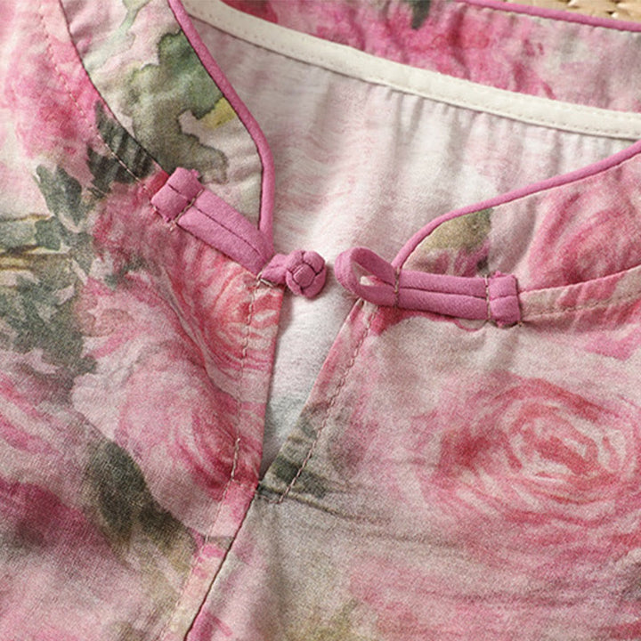 Buddha Stones Printing Floral Plain Chinese Frog-Button Women's Cotton Three Quarter Sleeve Shirt - image 10