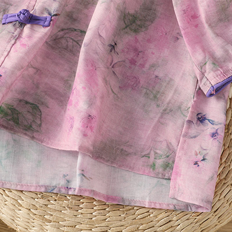 Buddha Stones Printing Floral Plain Chinese Frog-Button Women's Cotton Three Quarter Sleeve Shirt - image 20