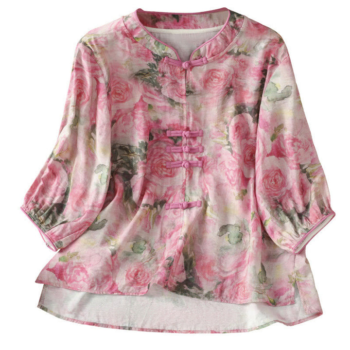 Buddha Stones Printing Floral Plain Chinese Frog-Button Women's Cotton Three Quarter Sleeve Shirt - image 14