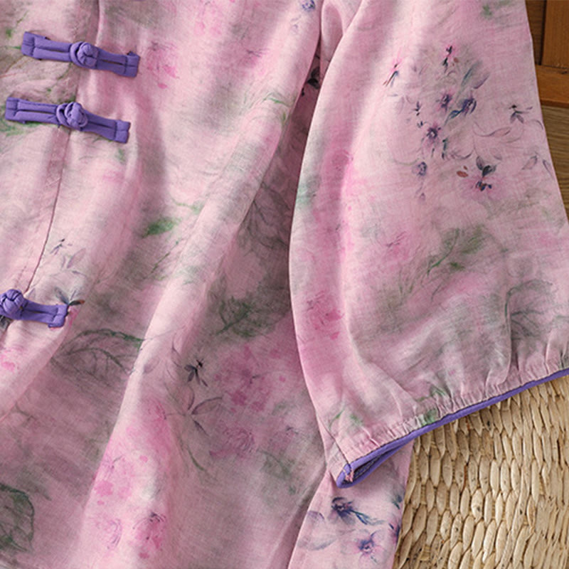 Buddha Stones Printing Floral Plain Chinese Frog-Button Women's Cotton Three Quarter Sleeve Shirt - image 19