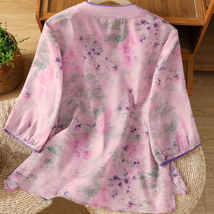 Buddha Stones Printing Floral Plain Chinese Frog-Button Women's Cotton Three Quarter Sleeve Shirt - image 16