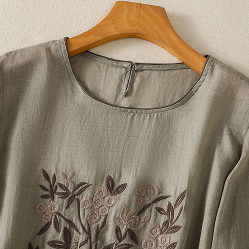 Buddha Stones Retro Embroidery Floral Three Quarter Sleeve Women's Cotton T-Shirt - image 10