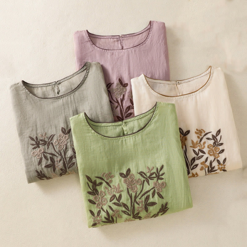 Buddha Stones Retro Embroidery Floral Three Quarter Sleeve Women's Cotton T-Shirt - image 32