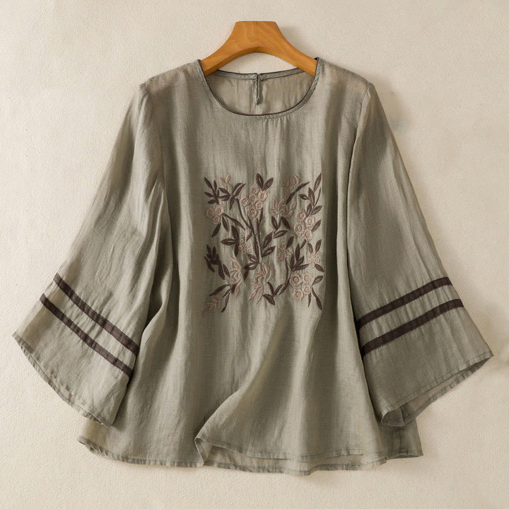 Buddha Stones Retro Embroidery Floral Three Quarter Sleeve Women's Cotton T-Shirt - DarkSeaGreen - US14，UK/AU18，EU46 (2XL) - image 8