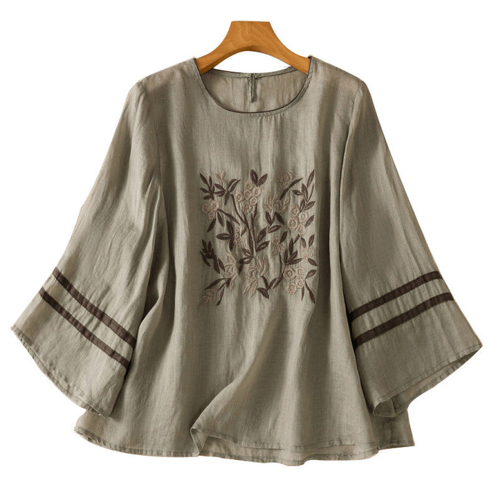 Buddha Stones Retro Embroidery Floral Three Quarter Sleeve Women's Cotton T-Shirt - image 15