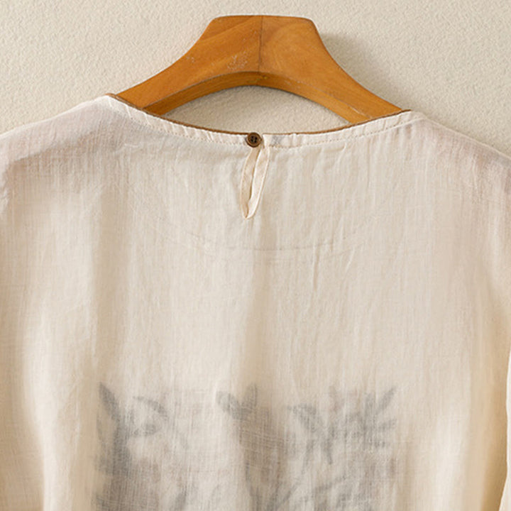 Buddha Stones Retro Embroidery Floral Three Quarter Sleeve Women's Cotton T-Shirt - image 4