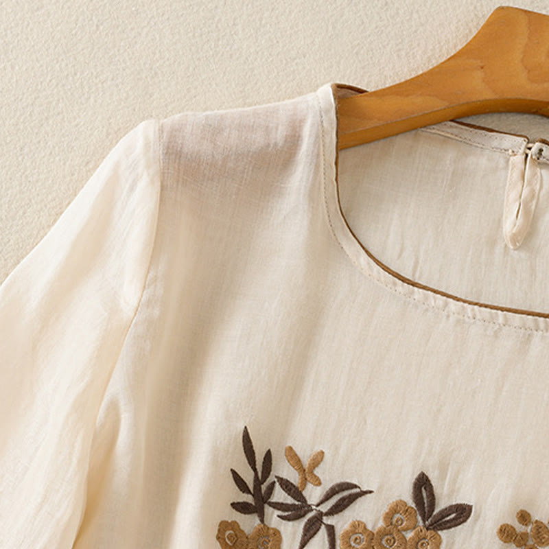 Buddha Stones Retro Embroidery Floral Three Quarter Sleeve Women's Cotton T-Shirt - image 3