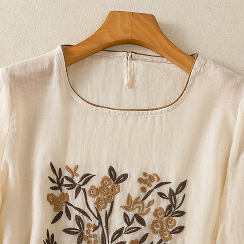 Buddha Stones Retro Embroidery Floral Three Quarter Sleeve Women's Cotton T-Shirt - image 2