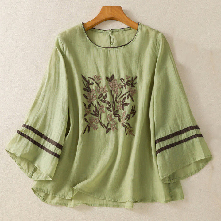 Buddha Stones Retro Embroidery Floral Three Quarter Sleeve Women's Cotton T-Shirt - LightGreen - US14，UK/AU18，EU46 (2XL) - image 16