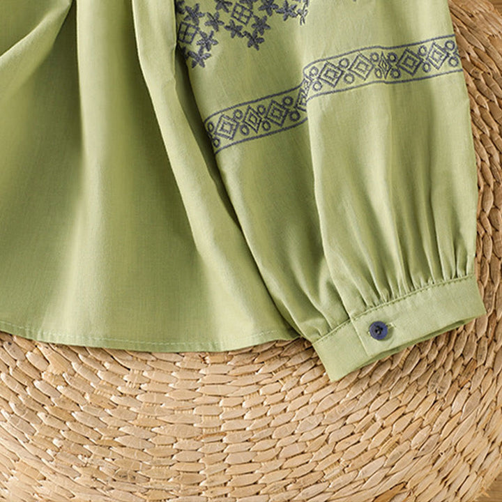 Buddha Stones Embroidery Pleated Buttons Long Lantern Sleeve Women's Cotton Shirt - image 26