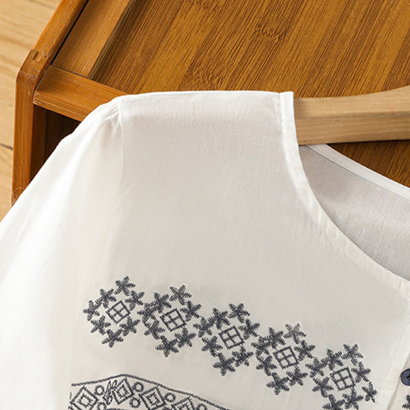 Buddha Stones Embroidery Pleated Buttons Long Lantern Sleeve Women's Cotton Shirt - image 3