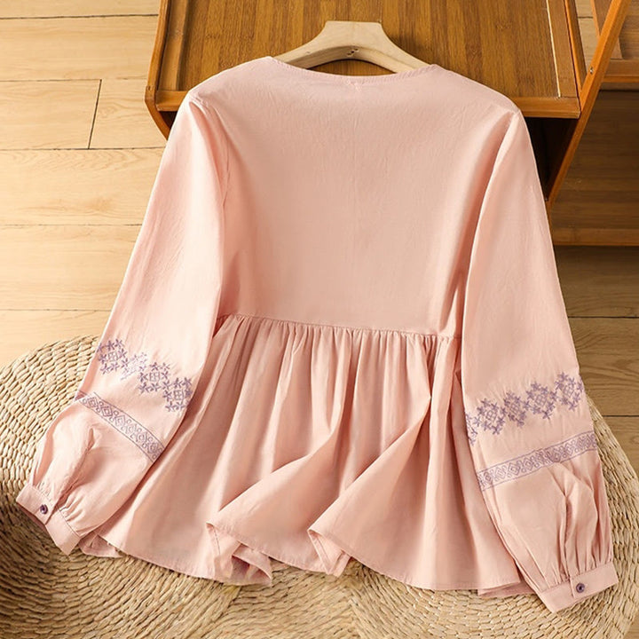 Buddha Stones Embroidery Pleated Buttons Long Lantern Sleeve Women's Cotton Shirt - image 10