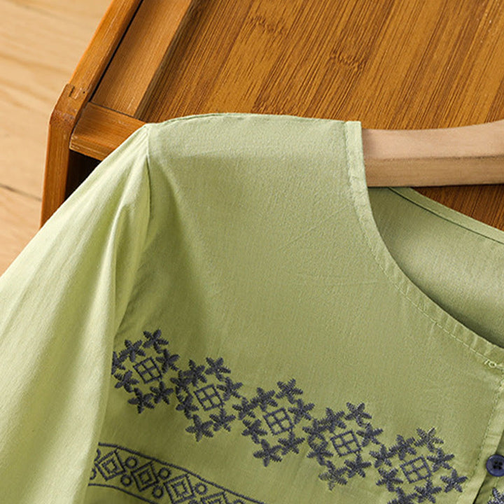 Buddha Stones Embroidery Pleated Buttons Long Lantern Sleeve Women's Cotton Shirt - image 21