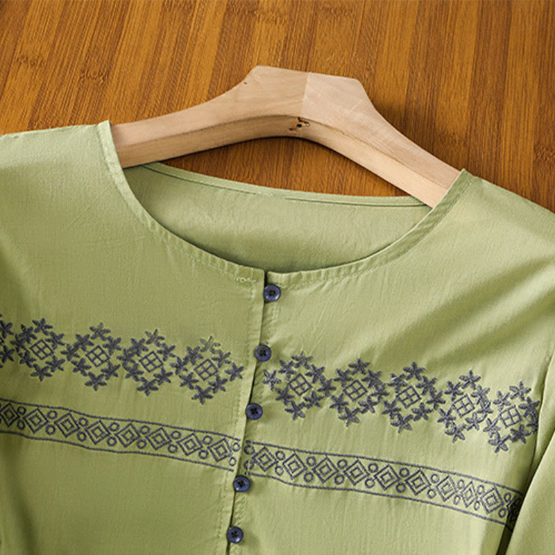 Buddha Stones Embroidery Pleated Buttons Long Lantern Sleeve Women's Cotton Shirt - image 22