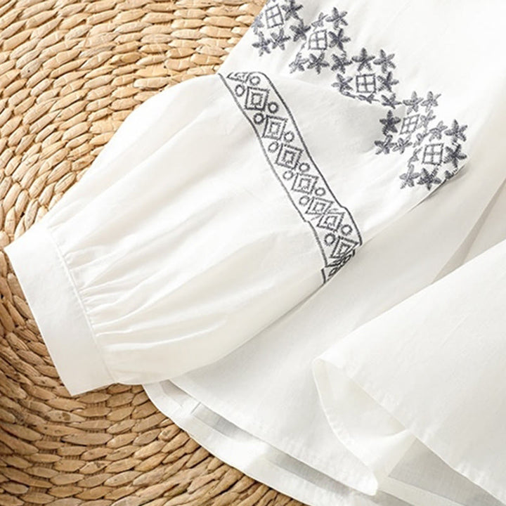 Buddha Stones Embroidery Pleated Buttons Long Lantern Sleeve Women's Cotton Shirt - image 6