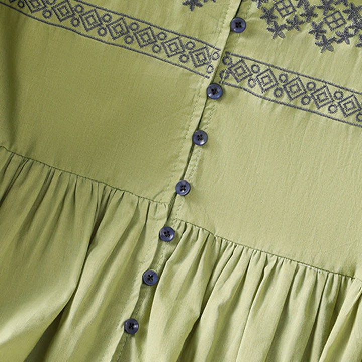 Buddha Stones Embroidery Pleated Buttons Long Lantern Sleeve Women's Cotton Shirt - image 24