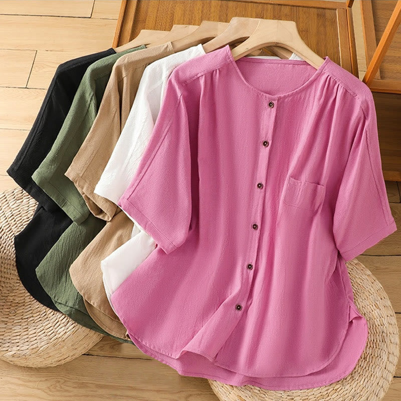 Buddha Stones Casual Plain Buttons Half Sleeve Women's Cotton Linen Shirt With Pocket - image 40