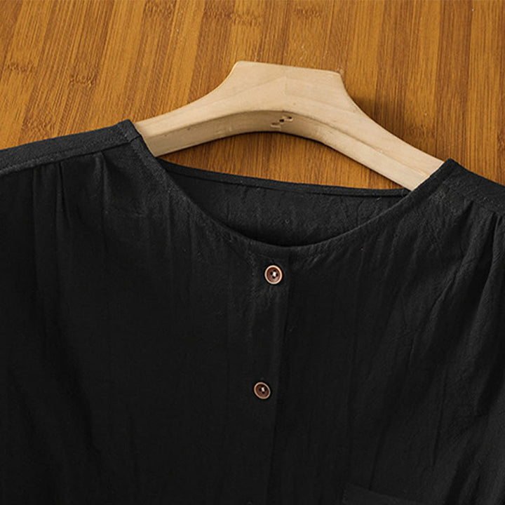 Buddha Stones Casual Plain Buttons Half Sleeve Women's Cotton Linen Shirt With Pocket - image 13