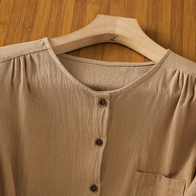 Buddha Stones Casual Plain Buttons Half Sleeve Women's Cotton Linen Shirt With Pocket - image 27