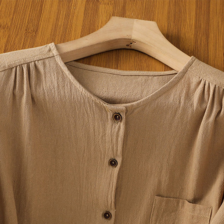 Buddha Stones Casual Plain Buttons Half Sleeve Women's Cotton Linen Shirt With Pocket - image 27