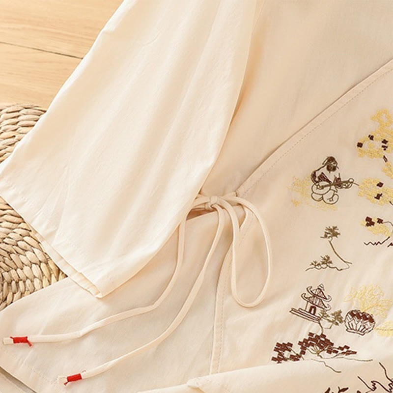 Buddha Stones Retro Embroidery Lace-Up Women's Three Quarter Sleeve Cotton Linen T-Shirt - image 6