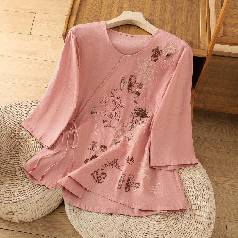 Buddha Stones Retro Embroidery Lace-Up Women's Three Quarter Sleeve Cotton Linen T-Shirt - Salmon - US12，UK/AU16，EU44 (2XL) - image 8