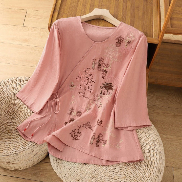 Buddha Stones Retro Embroidery Lace-Up Women's Three Quarter Sleeve Cotton Linen T-Shirt - Salmon - US12，UK/AU16，EU44 (2XL) - image 8