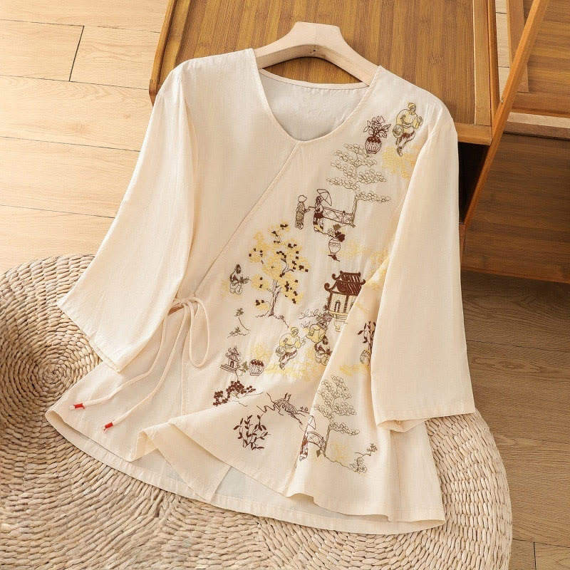 Buddha Stones Retro Embroidery Lace-Up Women's Three Quarter Sleeve Cotton Linen T-Shirt - LemonChiffon - US12，UK/AU16，EU44 (2XL) - image 0
