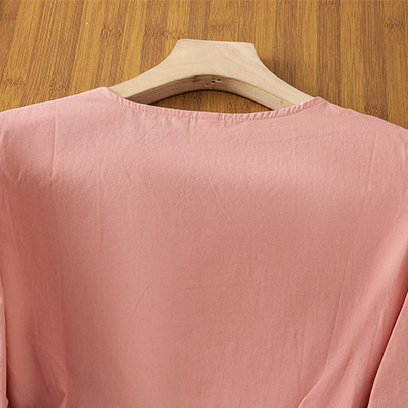 Buddha Stones Retro Embroidery Lace-Up Women's Three Quarter Sleeve Cotton Linen T-Shirt - image 11