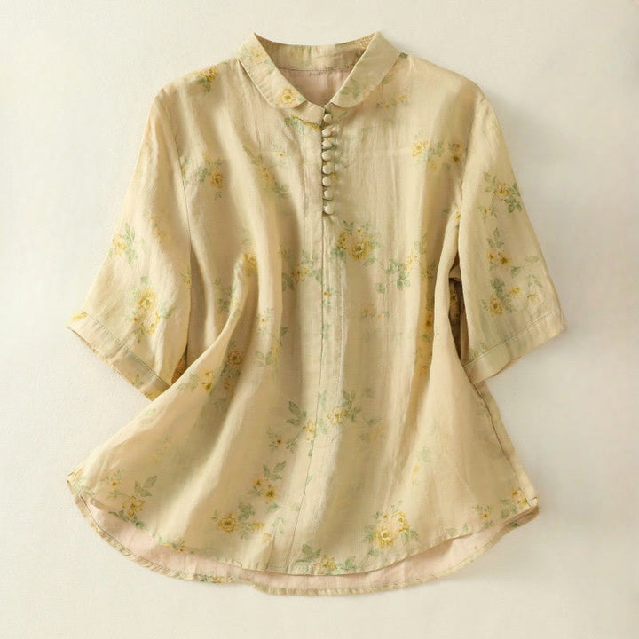 Buddha Stones Printing Frog-Buttons Lapel Half Sleeve Women's Cotton Shirt - Khaki - US8-10，UK/AU12-14，EU40-42 (2XL) - image 16