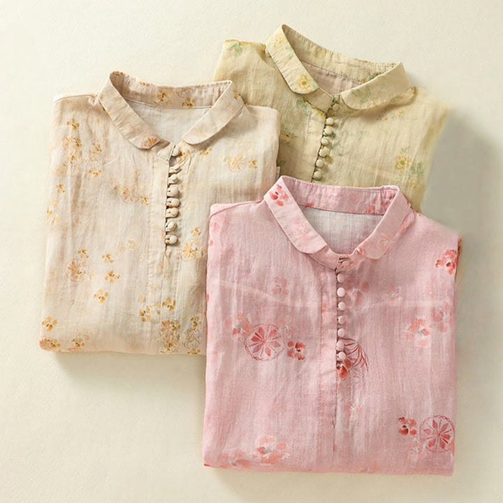 Buddha Stones Printing Frog-Buttons Lapel Half Sleeve Women's Cotton Shirt - image 23