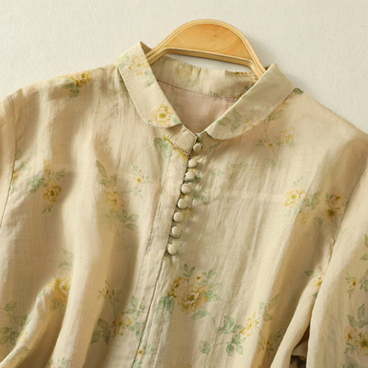 Buddha Stones Printing Frog-Buttons Lapel Half Sleeve Women's Cotton Shirt - image 18